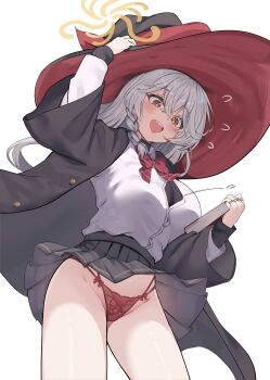 1girl absurdres april_aries black_jacket black_skirt blue_archive book bow bowtie braid breasts button_gap commentary crossed_bangs diagonal-striped_bow diagonal-striped_bowtie diagonal-striped_clothes eri_(blue_archive) flying_sweatdrops from_below gold_trim groin hair_between_eyes halo hand_on_headwear hand_up hat hat_ribbon highres holding holding_book jacket large_breasts lingerie long_hair looking_ahead low-tied_long_hair multicolored_hair open_clothes open_jacket open_mouth panties red_bow red_bowtie red_panties red_ribbon red_streaks ribbon shirt shirt_tucked_in side_halo simple_background single_braid skirt solo sparkling_eyes standing streaked_hair striped_bow striped_bowtie striped_clothes teeth thighs two-sided_fabric two-sided_headwear unbuttoned_jacket underwear upper_teeth_only very_long_hair white_background white_hair white_shirt wind wind_lift witch_hat yellow_eyes yellow_halo