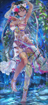 1girl absurdres anklet armlet black_hair bracelet breasts dancer dark-skinned_female dark_skin detached_sleeves earrings gold_anklet gold_armlet gold_bracelet highres jewelry large_breasts long_hair navel ogata_tei original pointy_ears single_detached_sleeve single_thighhigh skindentation thighhighs