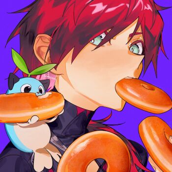 1boy absurdres commentary donut food food_in_mouth green_eyes hair_between_eyes highres holding holding_donut holding_food kome_non lauren_iroas lauren_iroas_(1st_costume) long_hair looking_at_viewer male_focus mameneko_(leos_vincent) nijisanji ponytail portrait purple_background red_hair side_ponytail simple_background solo symbol-only_commentary turtleneck virtual_youtuber