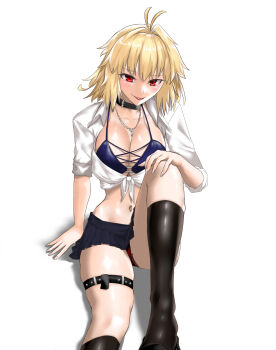 Rule 34 | 1girl, ahoge, alternate costume, arcueid brunestud, blonde hair, blue notuki, blush, boots, bra, breasts, choker, cleavage, gyaru, highres, jewelry, midriff, necklace, open clothes, open shirt, panties, red panties, school uniform, shirt, short hair, skirt, smile, tied shirt, tsukihime, tsukihime (remake), unbuttoned, underwear