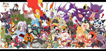 ! 1girl 2boys ;p absurdres aircraft alternate_color ambipom anger_vein apple apron arms_up ash_ketchum baseball_cap bayleef belt blue_hair blue_shorts blue_vest blush blush_stickers boldore breath_weapon breathing_fire broom buizel bulbasaur butterfree championship_belt charizard claws closed_eyes closed_mouth clothed_pokemon commentary_request corphish crying donphan dracovish dragonite fire food fruit gen_1_pokemon gen_2_pokemon gen_3_pokemon gen_4_pokemon gen_5_pokemon gen_6_pokemon gen_7_pokemon gen_8_pokemon gengar gible glalie gliscor goodra green_apron greninja grin hand_on_headwear happy hat haunter hawlucha heracross highres holding holding_broom holding_food holding_fruit holding_poke_ball holding_unworn_clothes holding_unworn_hat hot_air_balloon incineroar infernape insect_wings james_(pokemon) jessie_(pokemon) kingler koto510_46 krookodile lapras larvitar leavanny legendary_pokemon lucario lycanroc lycanroc_(dusk) melmetal meowth mr._mime muk multiple_boys mythical_pokemon naganadel nintendo noctowl noivern official_alternate_color one_eye_closed open_clothes open_mouth open_vest oshawott palpitoad pidgeot pignite pikachu pink_hair plant poke_ball poke_ball_(basic) pokemon pokemon_(anime) pokemon_(classic_anime) pokemon_(creature) pokemon_bw_(anime) pokemon_dppt_(anime) pokemon_journeys pokemon_rse_(anime) pokemon_sm_(anime) pokemon_xy_(anime) primeape quilava red_eyes red_hat red_scarf rotom rotom_dex rowlet scarf sceptile scraggy sharp_teeth shiny_pokemon shirt shorts sideways_hat simple_background sirfetch&#039;d smile snivy snorlax solgaleo spring_onion squirtle staraptor streaming_tears sunglasses swellow t-shirt talonflame tauros team_rocket tears teeth tongue tongue_out torkoal torterra totodile tusks ultra_beast unfezant unfezant_(female) unworn_hat unworn_headwear vest vines white_background white_shirt wings wobbuffet yellow_eyes