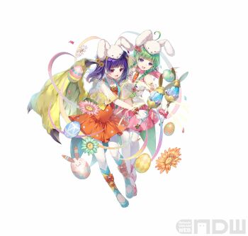 Rule 34 | 2girls, absurdres, alternate costume, animal ears, animal hat, ankle lace-up, blue footwear, blue legwear, blunt bangs, bow, bow legwear, braid, capelet, carrot necklace, coattails, collarbone, cross-laced clothes, cross-laced legwear, dragon girl, dragon wings, dragonstone, dress, easter egg, egg, fake animal ears, fighting stance, fire emblem, fire emblem: the sacred stones, fire emblem awakening, fire emblem heroes, flat chest, floral print, flower, gloves, glowing, green hair, green wings, hair flower, hair ornament, hair tie, hat, high-waist skirt, high heels, highres, holding, holding wand, jewelry, lapels, long hair, magic, magical girl, miniskirt, miwabe sakura, multi-tied hair, multicolored legwear, multiple girls, myrrh (fire emblem), nah (fire emblem), necklace, nintendo, official alternate costume, official art, orange bow, orange dress, pale skin, pantyhose, petals, pink scarf, pink skirt, pointy ears, polka dot, purple eyes, purple hair, rabbit ears, rabbit hat, red eyes, ribbon, scarf, see-through clothes, short dress, skirt, sleeveless, sunflower, tailcoat, twin braids, twintails, vest, wand, white gloves, white pantyhose, wings, yellow vest, yellow wings