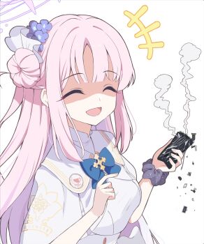 Rule 34 | +++, 1girl, blue archive, blue bow, blue bowtie, blue scrunchie, blunt bangs, bow, bowtie, breasts, broken phone, broken screen, capelet, cellphone, closed eyes, commentary request, flower, hair bun, hair flower, hair ornament, halo, highres, holding, holding phone, holy-san (makuu), long hair, medium breasts, mika (blue archive), open mouth, phone, pink hair, pink halo, pointing, pointing at object, purple flower, scrunchie, shaded face, simple background, single side bun, smartphone, smile, solo, trinity general school logo, upper body, white background, white capelet, wrist scrunchie