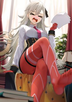 >_< 1girl absurdres asymmetrical_bangs black_skirt book breasts collared_shirt commentary_request crossed_legs crying desk fate/grand_order fate_(series) gloves grey_hair hair_ribbon high-waist_skirt highres horns long_hair long_sleeves medium_breasts mishiro_(ixtlolton) necktie olga_marie_animusphere olga_marie_animusphere_(unbeast) open_mouth pantyhose paper pencil_skirt red_gloves red_pantyhose ribbon shirt single_horn sitting skirt solo thighs very_long_hair white_shirt