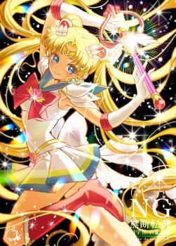 armpits bishoujo_senshi_sailor_moon blonde_hair blue_eyes blue_sailor_collar bow brooch choker circlet crisis_moon_compact double_bun elbow_gloves gloves hair_bun hair_ornament heart heart_brooch heart_choker highres jewelry long_hair magical_girl multicolored_skirt prettysavage30 red_bow sailor_collar sailor_moon sailor_senshi_uniform skirt smile spiral_heart_moon_rod super_sailor_moon tsukino_usagi twintails white_gloves