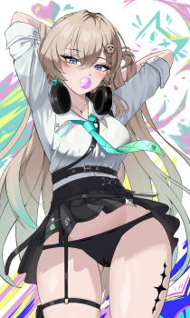 1girl absurdres aqua_necktie arms_behind_back arms_up black_panties black_skirt blonde_hair blowing_bubble_gum blue_eyes braid braided_bangs breasts chewing_gum commentary english_commentary gluteal_fold hair_ornament headphones headphones_around_neck highres jewelry long_hair looking_at_viewer lynae_(wuthering_waves) medium_breasts multicolored_hair necklace necktie panties revision sekkno shirt shirt_tucked_in skirt skull_hair_ornament solo streaked_hair tacet_mark_(wuthering_waves) thighs underwear upskirt white_shirt wuthering_waves