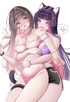 ! 2girls absurdres among_us animal_ear_fluff animal_ears bare_shoulders black_choker black_hair black_scrunchie black_shorts blunt_bangs blush bra breasts brown_hair cat_ears cat_girl cat_tail chaisia_art choker closed_mouth collarbone commentary crewmate_(among_us) dolphin_shorts english_commentary fingernails glasses gradient_hair hand_on_another&#039;s_stomach heart highres jewelry lipstick_mark long_hair michi_(chaisia_art) multicolored_hair multiple_girls navel necklace nose_blush open_mouth original paid_reward_available panties patreon_username peanut_mouth pearl_necklace pink_(among_us) pink_hair pink_panties purple_bra red_eyes scrunchie shorts simple_background speech_bubble spoken_exclamation_mark stomach sweat tail tail_around_another&#039;s_leg tail_wrap underwear very_long_hair white_background yuri