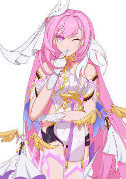 1girl ;) absurdres bare_shoulders bell bilingual_commentary black_shorts breasts commentary corset diamond-shaped_pupils diamond_(shape) eclipse. elf elysia_(herrscher_of_human:_ego)_(honkai_impact) elysia_(honkai_impact) english_commentary gloves hair_ornament highres honkai_(series) honkai_impact_3rd large_breasts long_hair mixed-language_commentary multicolored_hair one_eye_closed pink_hair pointy_ears purple_eyes short_shorts shorts simple_background smile solo symbol-shaped_pupils triquetra two-tone_hair very_long_hair white_corset white_gloves white_hair