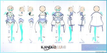 1girl absurdres black_choker blonde_hair blue_hair breasts choker cleavage commentary cowlick double-parted_bangs double_bun english_commentary fake_halo from_behind from_side glowing_legwear green_visor hair_between_eyes hair_bun hair_ornament halo highleg highleg_leotard highres jacket kaneko_lumi kaneko_lumi_(wish) leotard medium_breasts multicolored_hair phase_connect power_cord reference_sheet ruhee see-through_clothes see-through_skirt see-through_sleeves short_hair single_thighhigh skirt star_(symbol) star_hair_ornament streaked_hair thigh_strap thighhighs two-tone_hair virtual_youtuber white_jacket white_leotard white_thighhighs