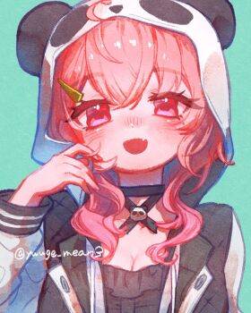 1girl :d ahoge animal_hood aqua_background arm_at_side artist_name black_choker black_shirt breasts choker cleavage commentary_request double-parted_bangs drawstring fang frilled_shirt frills hair_ornament hairclip hand_up highres hood hood_up hooded_jacket jacket long_hair long_sleeves medium_breasts nijisanji open_clothes open_jacket open_mouth panda_hood pink_eyes pink_hair portrait sasaki_saku sasaki_saku_(11th_costume) shirt simple_background skin_fang smile solo straight-on twirling_hair twitter_username virtual_youtuber white_sleeves yuugegohan