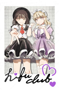 2girls :o alternate_costume black_hat black_skirt blonde_hair bloomers bow bowtie brown_eyes brown_hair buttons dress frills grin hair_between_eyes hair_bow happy hat highres holding_hands idol lace looking_at_viewer maribel_hearn medium_hair mob_cap multicolored_eyes multiple_girls necktie pointing poteimo_(poteimo622) purple_dress purple_eyes sample_watermark shirt short_hair short_necktie short_sleeves skirt smile socks standing touhou two-tone_eyes underwear usami_renko v watermark white_bloomers white_bow white_bowtie white_hat white_shirt white_socks yellow_eyes