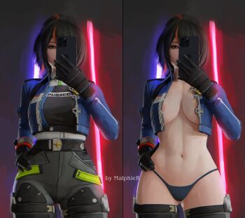 1girl areola_slip black_gloves black_hair black_panties black_pants blue_jacket breasts cowboy_shot g-string gloves gluteal_fold high-waist_pants highres holding holding_phone jacket large_breasts looking_at_viewer malphier multicolored_hair multiple_views navel panties pants phone police police_badge police_uniform policewoman ponytail red_eyes red_hair selfie stomach streaked_hair thong tight_clothes tight_pants underwear zenless_zone_zero zhu_yuan