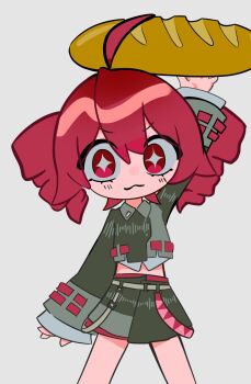 1girl :3 ahoge arm_up baguette bread closed_mouth cowboy_shot dannty15 dated_commentary drill_hair food highres holding holding_food kasane_teto looking_at_viewer red_eyes red_hair self-upload simple_background skirt solo utau