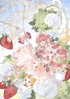 1girl absurdres ahoge animal aquarius_(symbol) blue_sky blunt_bangs bow bowtie bridal_gauntlets brown_eyes bush capricorn_(symbol) cat cloak clock clothed_animal commission cup detached_sleeves dot_nose dress drill_hair ear_covers earrings eyelashes floating floating_earrings flower food fruit full_body hair_bow hair_ornament happy high_heels highres holding holding_spoon hood hood_up hooded_cloak hui_huxi_de_tan infinity_nikki jewelry lace-trimmed_bow lace-trimmed_sleeves lace_trim leg_ribbon libra_(symbol) long_hair looking_at_viewer macaron medium_dress momo_(nikki) necklace nikki_(nikki) nikki_(series) open_mouth oversized_food oversized_object pantyhose pink_bow pink_bowtie pink_dress pink_hair pink_ribbon pink_ribbon_waltz_(infinity_nikki) pink_shoes pink_sleeves polka_dot polka_dot_pantyhose pumps red_bow red_bowtie ribbon ribbon_earrings ring ringlets rose sagittarius_(symbol) sample_watermark scorpio_(symbol) see-through_pantyhose shell shell_hair_ornament shoes short_sleeves sky smile spoon star_(symbol) starfish strapless strapless_dress strawberry striped_bow striped_bowtie striped_clothes striped_dress sugar_cube teacup too_many_watermarks twin_drills twintails vertical-striped_clothes vertical-striped_dress very_long_hair virgo_(symbol) watermark watermark_grid white_bridal_gauntlets white_cat white_flower white_rose yellow_cloak zodiac_wheel