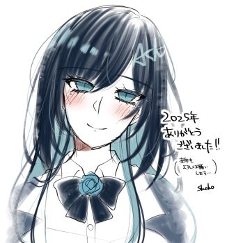 1girl ado_(utaite) black_hair blue_eyes blue_hair blush chando_(ado) closed_mouth colored_inner_hair commentary_request looking_at_viewer mole mole_under_eye multicolored_hair shoko_(gs_music11) simple_background solo translation_request utaite white_background