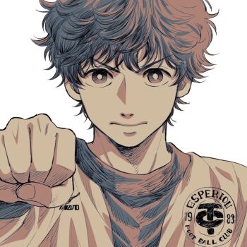 Rule 34 | 1boy, ao ashi, aoi ashito, clenched hand, closed mouth, commentary request, ika choco, looking at viewer, male focus, portrait, sepia, short hair, simple background, soccer uniform, solo, sportswear, white background