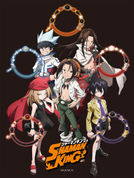 1girl 4boys amidamaru asakura_hao asakura_yoh bare_legs black_hair blonde_hair blue_eyes brothers brown_hair dress full_body grin headphones highres holding kyouyama_anna long_hair looking_at_viewer multiple_boys navel official_art open_clothes open_shirt promotional_art school_uniform shaman_king short_hair shorts siblings simple_background smile spiked_hair tao_ren usui_horokeu very_long_hair weapon yellow_eyes