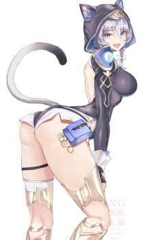 1girl absurdres animal_ear_fluff animal_ears ass back_cutout blue_eyes boots bow braid breasts cat_ears cat_girl cat_tail cipher_(honkai:_star_rail) clothing_cutout coin commentary fang fingerless_gloves gloves grey_hair highres honkai:_star_rail honkai_(series) large_breasts leotard pouch tail thick_thighs thigh_boots thigh_strap thighs watermark yoru_honpo