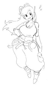 1girl 2025 absurdres alternate_breast_size_(larger) android baggy_pants bamman bare_shoulders boots breasts cleavage colored_skin crop_top curly_brace doukutsu_monogatari female_focus full_body grin headphones highres holding holding_weapon large_breasts long_hair looking_at_viewer mechanical_arms midriff monochrome navel notice_lines open_mouth orange_pants pants pouch shirt shoes simple_background smile solo upper_body weapon white_background white_skin yellow_trim