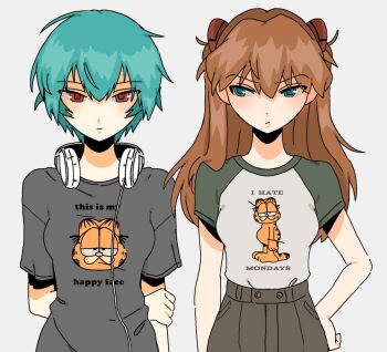 2girls annoyed arm_behind_back ayanami_rei blue_eyes blue_hair brown_pants english_text expressionless garfield garfield_(character) grey_background grey_shirt hair_between_eyes hand_on_own_hip highres holding_own_arm multiple_girls neon_genesis_evangelion orange_hair pants print_shirt red_eyes shirt shirt_tucked_in short_hair snale souryuu_asuka_langley t-shirt two_side_up upper_body