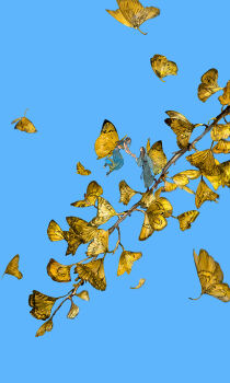 2girls anklet blue_background blue_hanfu blue_pantyhose blue_skirt blue_vest boots branch brown_boots brown_hair chinese_clothes falling_leaves flying gold_anklet hanfu highres holding_hands ibuki_satsuki jewelry leaf leaf_wings long_hair long_skirt long_sleeves looking_at_another mini_person minigirl multiple_girls no_shoes original pantyhose skirt standing straight_hair toeless_legwear very_wide_shot vest wide_sleeves