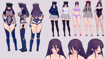 1girl 3d adapted_costume alternate_costume animal_ears artist_request ass bare_shoulders barefoot blush breasts fake_animal_ears hand_on_own_hip hat highleg highleg_leotard highres kido_ayame_(kimi_wa_008) kimi_wa_008 leotard looking_at_viewer multiple_views nipples playboy_bunny purple_eyes rabbit_ears reference_sheet shiny_skin skirt sports_bikini sportswear