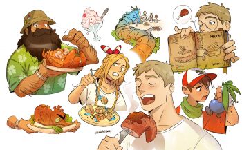 1girl 3boys alcremie arm_hair ash_ketchum ash_ketchum_(cosplay) badge baseball_cap beard black_bra black_eyes black_hair blonde_hair book bow_hairband bra braid brown_eyes brown_hair button_badge carrot chilchuck_tims choker closed_eyes commentary cosplay creature_as_food crossover cup double-parted_bangs dungeon_meshi eating english_commentary facial_hair farfetch&#039;d floral_print food fork furrowed_brow gen_1_pokemon gen_2_pokemon gen_8_pokemon glasses green_eyes green_shirt gyarados hairband half_up_braid hat hawaiian_shirt highres ho-oh holding holding_book holding_fork holding_plate ice_cream ice_cream_cup laios_touden legendary_pokemon light_blush long_beard long_hair marcille_donato may_(pokemon) may_(pokemon)_(cosplay) meat multiple_boys mushroom mustache neck_warmer nintendo oddish omanyte open_book padeliciouss paras plate pokemon ponytail pov_across_table red_choker red_hairband red_headwear red_shirt round_eyewear salad sauce senshi_(dungeon_meshi) shirt short_hair short_sleeves slowpoke speech_bubble spoon spring_onion sun_hat table tail twitter_username underwear vegetable watch white_background white_headwear white_shirt wristwatch yellow_eyes