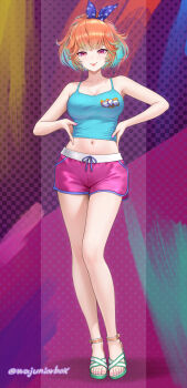 1girl :p absurdres blue_camisole breasts camisole cleavage crop_top dolphin_shorts earrings full_body highres hololive hololive_english hoop_earrings jewelry medium_breasts midriff navel pink_nails pink_shorts polka_dot polka_dot_background ponytail purple_eyes revision sandals short_ponytail short_shorts shorts solo standing takanashi_kiara takanashi_kiara_(fever_night) thighs tongue tongue_out virtual_youtuber wajuniorbox wide_ponytail