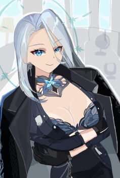 1girl amanda_lee blue_shirt blue_suit bra breasts bug butterfly butterfly_brooch buttons formal_clothes halo halo_behind_head highres indie_virtual_youtuber insect jacket kohinn lace lace_bra lace_collar mafia monarch_amalee monarch_amalee_(mafia) pencil_skirt shirt skirt skirt_suit suit suit_jacket underwear virtual_youtuber vshojo