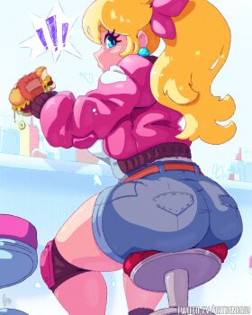 ! 1girl artist_name ass ass_focus benbeau blonde_hair blue_eyes blush burger denim denim_shorts earrings eating fingerless_gloves gloves holding_burger holding_food indoors jacket jewelry knee_pads long_hair looking_at_viewer looking_back mario_(series) nintendo pink_jacket ponytail princess_peach shirt shorts sitting solo stool white_shirt