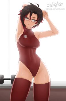 1girl armpits artist_name bare_shoulders black_hair breasts covered_navel cslucaris glasses leotard looking_to_the_side medium_breasts multicolored_hair red_hair red_leotard ruby_rose rwby short_hair grey_eyes sleeveless solo stretching sweat thighhighs thighs