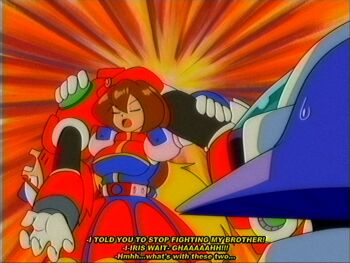 Rule 34 | 1990s (style), 1girl, 2boys, android, armor, back, beret, blonde hair, brown hair, carrying, carrying over shoulder, carrying person, chest jewel, closed eyes, dress, faux retro artstyle, forehead jewel, gloves, hair between eyes, hat, helmet, highres, iris (mega man), jewelry, joints, long hair, low-tied long hair, lueduar, lumine (mega man), mega man (series), mega man x (series), multicolored dress, multiple boys, open mouth, ponytail, purple hair, purple helmet, red armor, red hat, red helmet, retro artstyle, robot ears, robot girl, robot joints, screaming, upper body, very long hair, vhs artifacts, white gloves, zero (mega man)