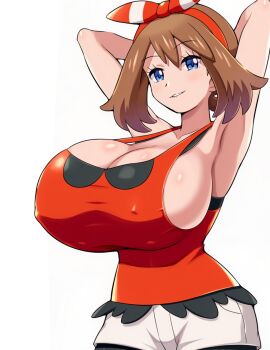 Rule 34 | 1girl, armpits, arms behind head, bike shorts, bike shorts under shorts, biting own lip, blue eyes, breasts, brendon, brown hair, buruma, cleavage, covered erect nipples, crop top, hair ribbon, highres, huge breasts, legs, looking at viewer, may (pokemon), naughty face, nintendo, parted lips, pokemoa, pokemon, pokemon oras, ribbon, seductive gaze, seductive smile, short hair, shorts, sideboob, smile, solo, source request, teeth, thighs