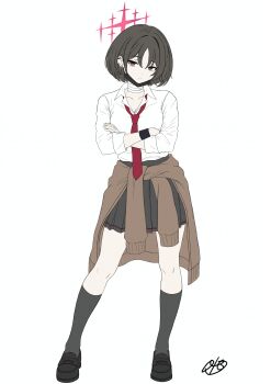 1girl absurdres bandaged_neck bandages barbell_piercing black_mask black_shoes black_skirt black_socks blue_archive brown_eyes brown_hair brown_jacket closed_mouth clothes_around_waist commentary_request crossed_arms ear_piercing expressionless flat_color full_body highres industrial_piercing jacket jacket_around_waist kneehighs looking_at_viewer loose_necktie mask mask_pull misaki_(blue_archive) mouth_mask necktie open_collar oto_jampan piercing pleated_skirt red_necktie school_uniform shirt shoes short_hair signature simple_background skirt sleeves_rolled_up socks solo standing straight-on surgical_mask white_background white_shirt wristband