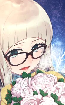 1girl :d aikatsu! aikatsu!_(series) black-framed_eyewear blonde_hair blue_background blunt_bangs bouquet commentary_request fang flower glasses green_eyes highres hitoto leaf lips long_hair looking_at_viewer open_mouth smile solo sunglasses todo_yurika upper_body white_flower