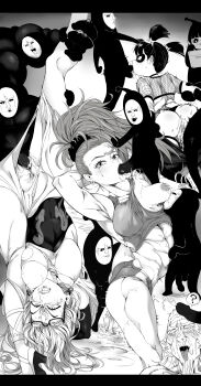 3girls absurdres black_sperm bomb_(one-punch_man) breasts captain_mizuki clothed_sex earrings fellatio glasses high_heels highres jewelry monochrome monster multiple_boys multiple_girls nipples one-punch_man oral psychos_(one-punch_man) psykos pubic_hair rape shadow_ring_(one-punch_man) vaginal