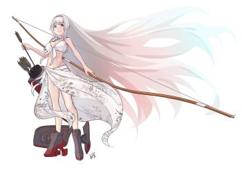 Rule 34 | 1girl, archery, bikini, blush, boots, bow (weapon), breasts, brown eyes, gloves, hairband, highres, kantai collection, kyuudou, long hair, medium breasts, navel, neve (morris-minicooper), partially fingerless gloves, partly fingerless gloves, sarong, shoukaku (kancolle), smile, swimsuit, weapon, white bikini, white hair, white sarong, yugake, yumi (bow)