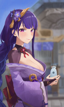 1girl absurdres back_bow blunt_bangs blurry blurry_background blush bow braid breasts bridal_gauntlets cleavage clothing_cutout collarbone commentary_request dango_milk_(genshin_impact) fan_hair_ornament from_side genshin_impact hair_ornament highres holding huge_breasts japanese_clothes kimono long_braid long_hair milk_mustache mitsudomoe_(shape) mole mole_under_eye neck_ribbon off_shoulder outdoors pink_lips purple_kimono raiden_shogun red_ribbon red_sash ribbon sash shoulder_cutout shy single_braid so_shio solo standing tomoe_(symbol) upper_body