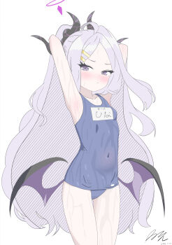 absurdres ahoge black_halo blue_archive blush breasts demon_girl demon_horns demon_wings halo highres hina_(blue_archive) hina_(swimsuit)_(blue_archive) horns long_hair looking_at_viewer low_wings old_school_swimsuit runarie school_swimsuit simple_background small_breasts standing swimsuit very_long_hair white_background white_hair wings