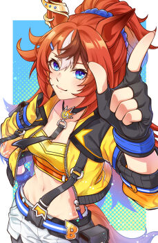 Rule 34 | 1girl, animal ears, bandeau, black gloves, black hair, blush, bubble gum fellow (popping!) (umamusume), bubble gum fellow (umamusume), closed mouth, commentary request, ear ornament, fingerless gloves, gloves, hand on own hip, highres, horse ears, horse girl, horse tail, index finger raised, jacket, long hair, looking at viewer, marichi, multicolored hair, navel, open clothes, open jacket, orange hair, short shorts, shorts, smile, solo, streaked hair, tail, umamusume, white hair, white shorts, white streaks, yellow bandeau, yellow jacket