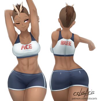 1girl ;) abs arm_behind_head arms_up artist_name ass blonde_hair blue_shorts breasts brown_hair closed_mouth clothes_writing commentary cowboy_shot cslucaris dark-skinned_female dark_skin english_commentary eyelashes from_behind hand_on_own_arm harriet_bree mohawk multicolored_hair multiple_views one_eye_closed patreon_username pink_eyes rwby short_hair shorts signature simple_background smile sports_bra thick_thighs thighs tight_clothes toned toned_female two-tone_hair very_short_hair watermark web_address white_background white_sports_bra