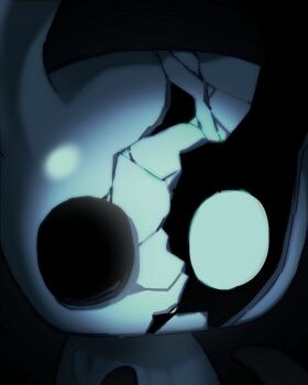 Rule 34 | 1other, black eyes, broken mask, commentary request, cracked kawaii mask, cracked mask, grey cloak, hollow eyes, hollow knight, horned mask, knight (hollow knight), korean commentary, looking at viewer, mask, portrait, solo, white eyes, white mask