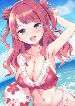 1girl arm_up armpits ball beach beachball bikini blush breasts cleavage collarbone commentary_request fingernails frilled_bikini frills gakuen_idolmaster hanami_saki holding holding_ball holding_beachball idolmaster long_hair looking_at_viewer murasakio nail_polish ocean open_mouth pink_bikini purple_eyes red_nails smile swimsuit