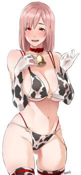 1girl animal_print bell bikini breasts butcha-u choker cleavage collar commentary_request cow_print cow_print_bikini cow_print_gloves cow_print_thighhighs cowbell dead_or_alive elbow_gloves female_focus gloves hands_up highres honoka_(doa) large_breasts long_hair looking_at_viewer multi-strapped_bikini_bottom navel neck_bell o-ring o-ring_bikini o-ring_bottom o-ring_top pink_hair print_bikini print_gloves print_thighhighs red_choker red_eyes simple_background skindentation solo standing stomach swimsuit thighhighs underboob white_background
