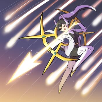 1girl arceus arrow_(projectile) black_bodysuit black_hair bodysuit comet commentary energy_arrow formal_clothes gen_4_pokemon gold_halo gradient_background halo high_ponytail holding holding_arrow judgment_(pokemon) kasugai_(de-tteiu) legendary_pokemon maria_(kasugai_(de-tteiu)) multicolored_eyes multicolored_hair mythical_pokemon nintendo one_eye_closed personification pokemon ponytail solo spiked_halo suit tail two-tone_hair white_hair white_suit