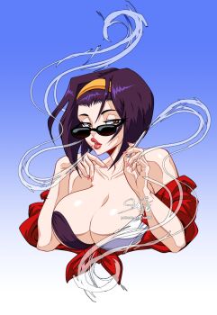Rule 34 | 1girl, bare shoulders, breasts, cigarette, cleavage, cowboy bebop, faye valentine, female focus, large breasts, lips, looking at viewer, navel, purple hair, short hair, solfei, solo, sunglasses, upper body
