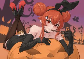 1boy 1girl alternate_costume ass blonde_hair blush breasts chibi choker double_bun dress eris_greyrat food gloves hair_bun half-closed_eyes halloween high_heels highres legs long_hair looking_at_viewer lying medium_breasts mushoku_tensei on_stomach playboy_bunny pocky pumpkin rabbit_ears red_eyes red_hair rudeus_greyrat seductive_gaze seductive_smile short_hair smile the_pose thighhighs thighs
