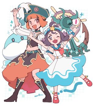 Rule 34 | 2girls, acerola (pokemon), acerola (summer 2024) (pokemon), anchor, black hair, blue sailor collar, dhelmise, dress, full body, gardenia (pokemon), gardenia (summer 2024) (pokemon), gen 5 pokemon, gen 7 pokemon, green nails, hair ornament, hat, highres, jellicent, jellicent (male), long sleeves, midriff, multicolored hair, multiple girls, navel, nintendo, official alternate costume, open mouth, orange eyes, orange hair, pirate, pirate costume, pirate hat, pokemon, pokemon (creature), pokemon masters ex, purple eyes, purple hair, sailor, sailor collar, sailor hat, shirt, short hair, sleeveless, smile, two-tone hair, white dress, yukikokoro