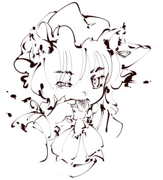 1girl animal_ears cat's_tongue cat_ears cheek_pull chen commentary_request fang finger_in_own_mouth hat highres looking_at_viewer mob_cap monochrome open_mouth simple_background solo sukunashi_negi tongue tongue_out touhou