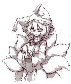 1girl animal_hat dress fox_shadow_puppet fox_tail greyscale hat highres long_sleeves looking_at_viewer monochrome multiple_tails rampa93 simple_background slit_pupils solo tabard tail touhou yakumo_ran
